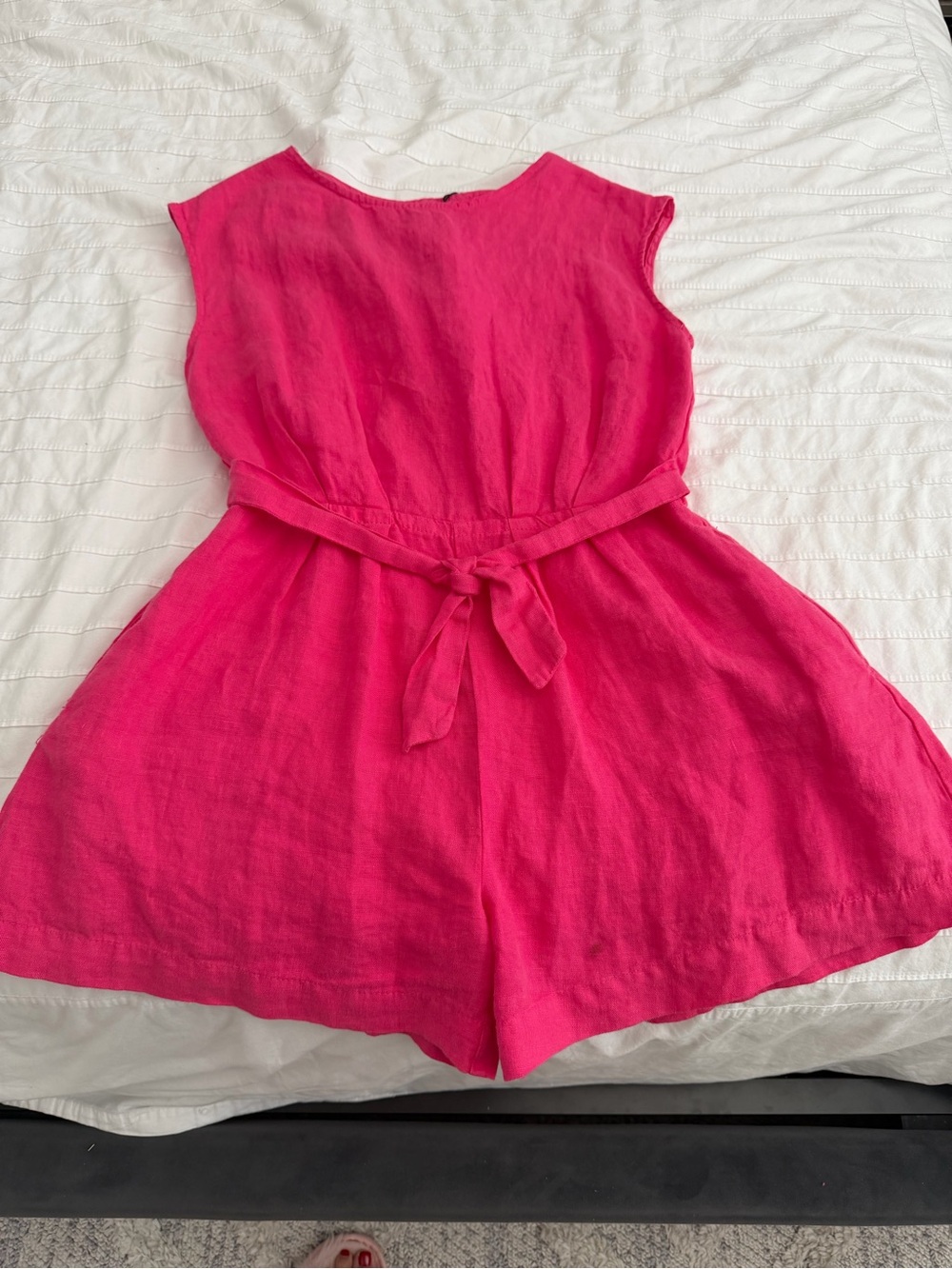 Zara kids Bright Pink Linen-Blend Sleeveless Romper with Waist Tie